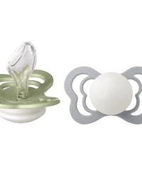 BIBS Couture GLOW sut i farven Sage Glow set fra siden og sutten i farven Cloud set forfra