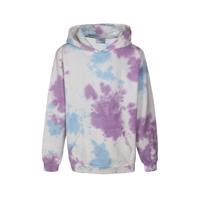 D-XEL OTTA hættetrøje med lilla og blå tie-dye mønster, vist forfra med hætte og frontlomme.