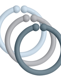 BIBS Loops aktivitetsringe i farverne Baby Blue, Cloud og Petrol set forfra