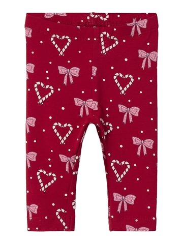 Røde Name It juleleggings med sløjfer, hjerter og prikker set forfra