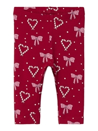 Røde Name It juleleggings med sløjfer, hjerter og prikker set forfra