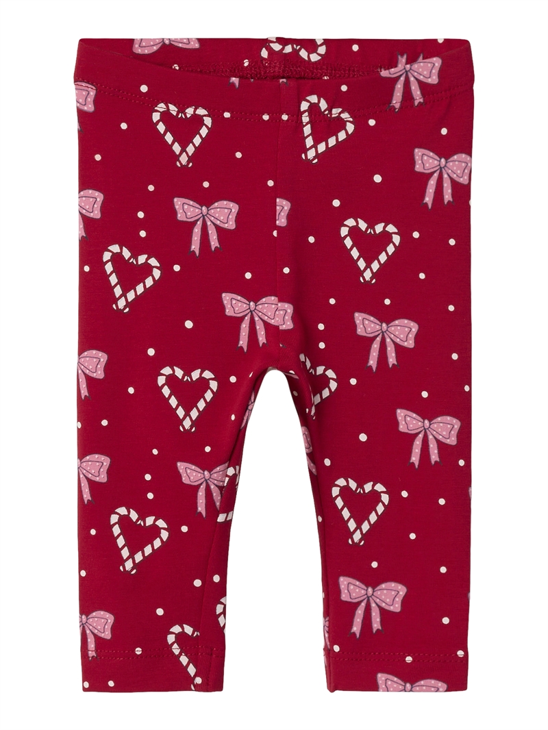 Røde Name It juleleggings med sløjfer, hjerter og prikker set forfra