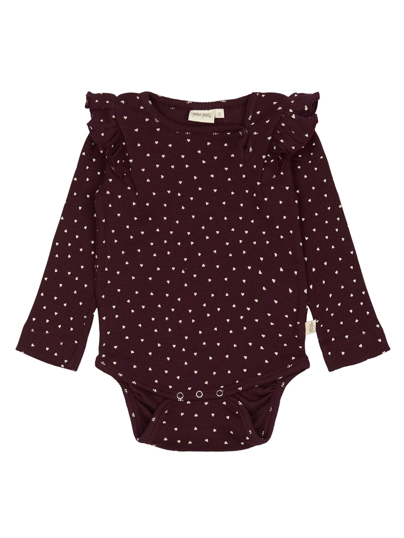 Petit Piao body i Dark Grape med hvide hjerter og flæser set forfra