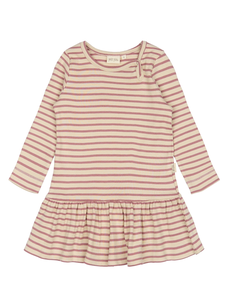 Petit Piao kjole i rosa og off-white striber med flæsekant set forfra