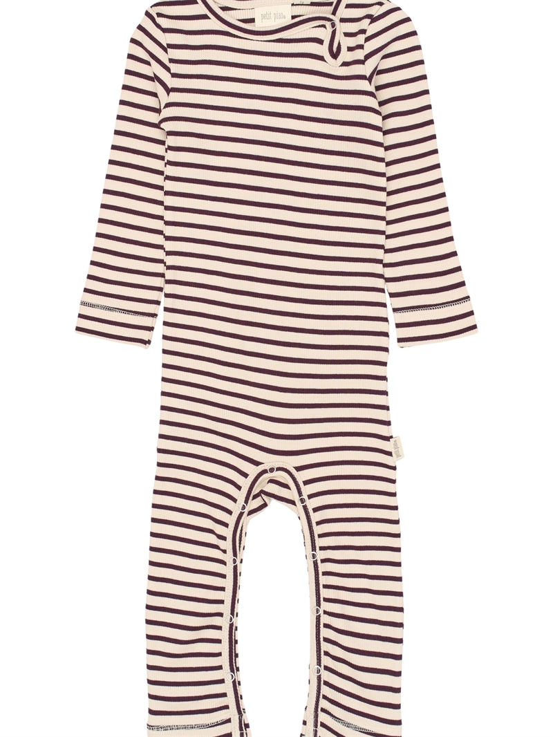 Petit Piao heldragt i Dark Grape og off-white striber set forfra