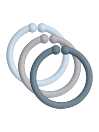 BIBS Loops aktivitetsringe i farverne Baby Blue, Cloud og Petrol set forfra