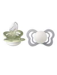 BIBS Couture GLOW sut i farven Sage Glow set fra siden og sutten i farven Cloud set forfra