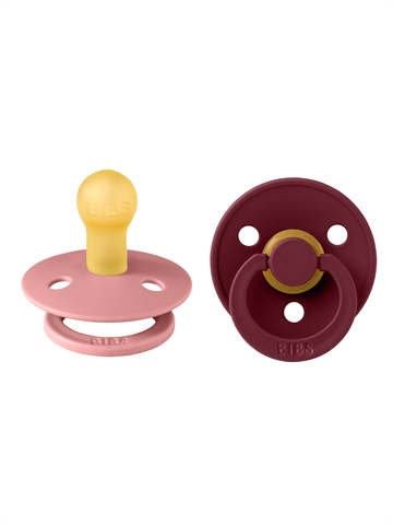 BIBS Colour sut i Dusty Pink set fra siden og Bibs Colour ssut i Elderberry set forfra